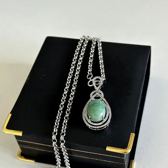 925 Sterling Silver Natural Emerald & White Sapphire Pendant Necklace $1,050 - Picture 5 of 10